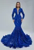 Abiti da festa Royal Blue Paillettes Prom per ragazze nere 2024 Sirena maniche lunghe Sexy abito da sera formale africano di gala da sposa