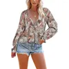 Damesblouses Herfst Los en modieus V-hals Bloemenprint Top met lange mouwen en casual ruchemouwen Chiffon overhemd met knopen S-XXL