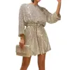 Robes décontractées Femmes Robe Brillant Paillettes Col Rond À Lacets Taille Serrée À Manches Longues Sparkling Soft Club Party Au-dessus Du Genou Longueur Mini