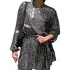 Robes décontractées Femmes Robe Brillant Paillettes Col Rond À Lacets Taille Serrée À Manches Longues Sparkling Soft Club Party Au-dessus Du Genou Longueur Mini