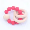 Bébé teether rings aliments de qualité hêtre en bois de dentition bague coiffure mâche jouets jeu mâter rond perle en bois nouveau-né silicone teether bj