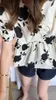 Women's Blouses Summer V-Neck Female Floral Shirts Puff Sleeve Fashion Printing Woman With Black Rose Patterns Loose Office Lady Clothes