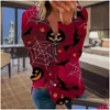 Sweats à capuche pour femmes Sweatshirts Halloween Fashion manches longues demi-zip côté fendu Colorf Bat Imprimer Sweat-shirt sans capuche Drop Livraison Appare Dhwnz