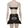 Skirts Two Piece Set Women PU Leather Sexy Grommet Buckle Sleeveless Strapless Crop Tops Bodycon Mini Suits Streetwear Clubwear