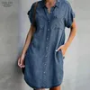 Collectie Zomer Vrouwen Denim Jurk Korte Mouwen Losse AWord Jurken V-hals Effen Denim Jurken Shirt Jurk 17139 240118