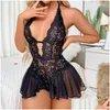 Set di reggiseni Y Crotchless Biancheria intima bianca Donna Reggiseno cavo di pizzo Set Costume erotico Teddy Baby Doll Abito V profondo Aperto Lingerie porno Drop D Dhgqk