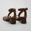 Gladiator Sandals Summer 2024 Buckle Roman Square Heel High Heels French Girl äkta läderbrun Sandalias Mujer 72339 S 85450 S 34924 S 15435 S