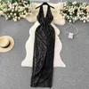 Abiti casual Donna Sexy Halter nero V profondo Abito da festa con paillettes scintillanti Elegante Lady Senza maniche Backless Nappe divise alte Club serale