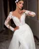 Romantic Long Sleeves Mermaid Wedding Dresses With Detachable Train Lace Appliques Sheer Scoop Neck Ivory Sexy Gorgeous Bridal Gowns Covered Buttons Back