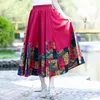 Skirts 2024 Summer Female Skirt Oriental Print Floral Dress Elastic Waist A-Line Cotton Linen Retro Pleated Midi TA1212