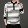 Polos masculinos primavera e outono camiseta de manga longa com gola polo listras brancas pretas topo juventude casual masculino camisa confortável