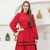 Ethnic Clothing Sweet High Collar Color Contrast Solid Buttons Ribbon Shirt Sleeve Long Dresses