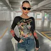 T-shirt da donna CUTENOVA Donna T-shirt stampata con drago di fuoco Cina Tradizione Stampa O Collo Manica intera Mullet Top Primavera Moda Canottiera Tee T240122