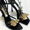 Sandálias Flores Douradas Salto Alto Mulheres Seda Luxo Designer Sandália Metálica Flor Quadrada Toe Apontado Salto Fino Vestido Sapatos Bombas J240122