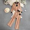Women's spring new o-neck knitted black flower embroidery sweater jumper and color block long pants twinset 2 pcs suit SMLXL