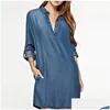 Basic Casual Dresses Denim Dress For Women 2022 Autumn Blue V-Neck Long Sleeve Mini Plus Size Washed Shirt Vestidos Drop Delivery Appa Dhrdx