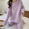 Ensemble de pyjamas moelleux épais et moelleux pour femmes, ensemble de pyjama à manches longues et col rond, doux et confortable, en peluche, vêtements de nuit chauds pour la maison, L240122