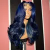 360 Dark Navy Blue Body Wave Human Hair Wig 200% Highlight Glueless 13x4 Spets Frontal Wig Prepluched Syntetisk stängning Spets peruk