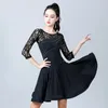 Stage Wear Femmes Robe latine à manches longues Adulte Noir Dentelle Mesh Dance Ballroom Tango Moderne Rumba Cha Salsa Femme Costume