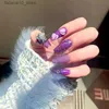 Faux ongles à la main Glitter violet faux ongles conseils avec conception d'ange presse sur les ongles Y2K long cercueil acrylique faux ongles avec colle manucure Q240122