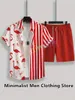 Men's Tracksuits Flamingo Strip Print Hawaiian Set Short Sleeve Summer Casual Button Shirt Beach Shorts Two Piece Suit 2024 Fashion Men Sets
