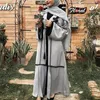 Roupas étnicas Cinza Abayas Mulheres Dubai Kaftan Vestido Muçulmano Islâmico Aberto Abaya Turco Jalabiya Eid Ramadan Kimono Cardigan Robe Modesto