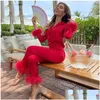 Womens Two Piece Pants Pajamas For Sleep Ladies Solid Color Suit Lapel Top And Feather Trousers Two-Piece Sleepwear Set Pyjama Drop De Dhxk9