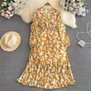 Casual Dresses Retro Floral Long Sleeve For Women 2024 Spring Autumn Gentle Style Temperament V-Neck Slim A-Line Pleated Dress Z3487