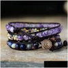 Beaded Cool Black Leather Wrap Bracelets W/ Natural Stone Triple Statement Strand Bracelet Bijoux Femme Bohemian Beads Jewelry Y200730 Dhigt