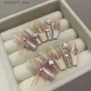 Kunstnagels 10 stuks Luxe handgemaakte nagels Roze Zoete Franse strik Creatieve glitter diamanten Ins stijl Origineel ontwerp Druk op nepnagels Q240122