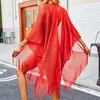 Foulards Couleur unie Longue Blouse de crème solaire Brillant Cardigan en soie brillante Bohème Fausse Perle Châle Respirant Vacances Plage Bikini Cover Up