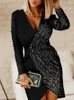 Casual Dresses 2024 Sexy For Women V Neck Long Sleeve Sequins Green Pencil Dress Robe Elegant Femme Prom Party Vestidos