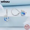 Pendientes WOSTU Pendientes colgantes de plata de ley 925 con forma de copo de nieve para mujer, aros de cristal azul océano, Clips, regalo de fiesta de cumpleaños