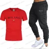 Men's Tracksuits 2024 Women And Man Milano Letters Print T-shirt Ladies Short Sleeved Set Luxury Tees+Sweatpants Suit Loose Pure Cotton Soft Tops T240122