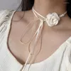 Gargantilha com correntes de corda longa, colar de pérolas de flor grande para mulheres, preto e branco, tecido romântico, joias no pescoço, acessórios