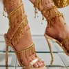 Sandals Glitter Crystal Tassel Women 2024 Summer Sexy Open Toe High Heels Gold Rhinestone Stiletto Lady Fashion Party Prom Shoes