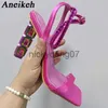 Sandals Aneikeh Sexy Sparkly Stacked Crystal Heel Sandals Woman Summer 2024 Thin Embellished Ankle Straps High Heel Shoe for Women PumpsJ240122