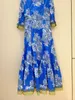 Designer dress floral Australian dress 2024 Women's French V-neck printed waist cinching A-line hem mid sleeve long dress