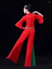 Abbigliamento da palco Costume da danza popolare cinese Abito lungo nazionale Set di pantaloni Adulti Spettacolo di percussioni Yangko Design rosso tagliato su carta