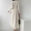 Vestidos casuais de malha longa mulheres outono inverno manga meia gola alta retalhos coreano bottoming magro vestido plissado robe