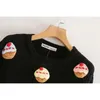 Women's Sweaters 2024 Fall Winter Fashion Retro Sweet Cake Applique Short Knit Black Sweater O-Neck Long Sleeve Casual Pullover Chic Top