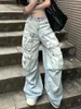 Damen Jeans Denim Cargo Hose Multi-Pocket Mid-Rise Loose Straight Retro Europäischer und amerikanischer Frühling Herbst