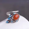 Cluster Rings Burnt Blue South Red Ring Female S925 Sterling Silver Retro Accessories Chinese Style Hetian Jade Blooming Rich Open