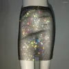 Keychains Women Sexig Glitter Rhinestone Fishnet Slim kjol Nattklubb Party Clubwear Diamonds A-Line Mini för flickor