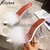 Sandalen Eilyken Zomer Vrouw Pompen PVC Transparante Veren Perspex Kristal Hoge Hakken Bont Peep Toe Muilezels Slippers Dames Slides ShoesJ240122