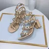 Sandaler Kvinnor Famous Brand Sandals Anklep Wrap Buckle Strap Front Toe Null Shoes With Gold Studded Microfiber Leather 6cm Pumpar 43J240122