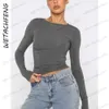 Women's T-Shirt Fashion Women Clothing Ski T Shirts Long Sleeve Crew Neck Skinny Y2K Streetwear Crop Tops 2023 Lady Gray Slim Base Tees Tops T240122