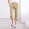 Calças femininas algodão linho reto curto mulheres corredores solto moda fitness perna larga calças pantalon despeje femme casual 2024