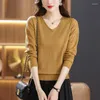 Women's Sweaters 2024 Autumn Fashion Simple V-neck Long Sleeved Sweater Solid Patchwork Screw Loose Relaxed Warm Thread Knitted Top