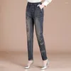 Damen Jeans Hose Hohe Taille S Blaue Hose für Damen bestickt mit Taschen Baggy Medium Retro A Kleidung Hippie In